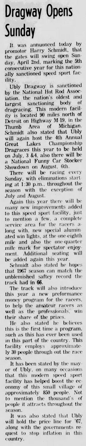 Ubly Dragway - THE UBLY COURIER MAR 31 1967 OPENING ARTICLE NHRA SANCTIONED